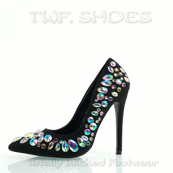 Big jewel 4.5" heel black pump fashion shoes Diva - Picture 3 of 8